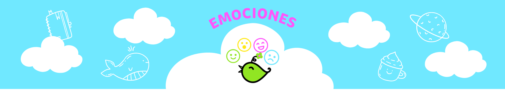 Ilustración colorida de emociones con un pájaro verde en el centro, rodeado de caras felices, neutrales y tristes, junto con nubes, una ballena, una taza de café, un planeta y un cuaderno. La palabra 'emociones' está escrita en rosa brillante.