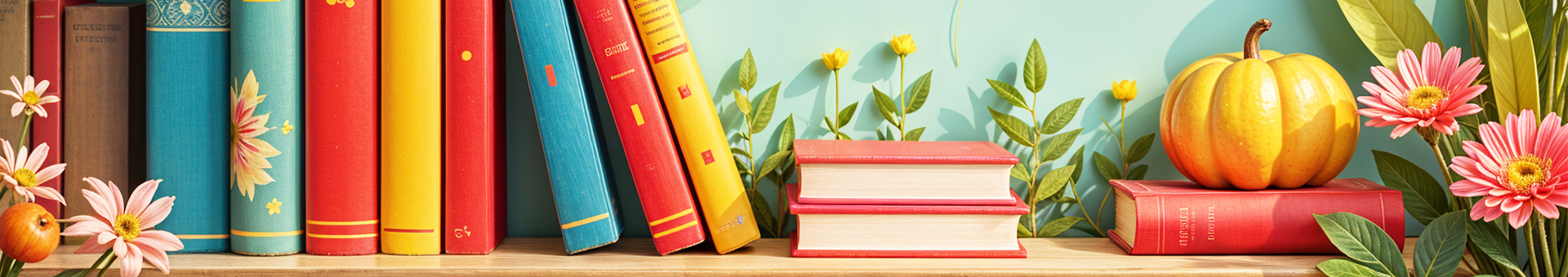 Guía de libros en un estante colorido con elementos decorativos, incluyendo una calabaza y flores. Libros de colores brillantes y vibrantes en una escena otoñal