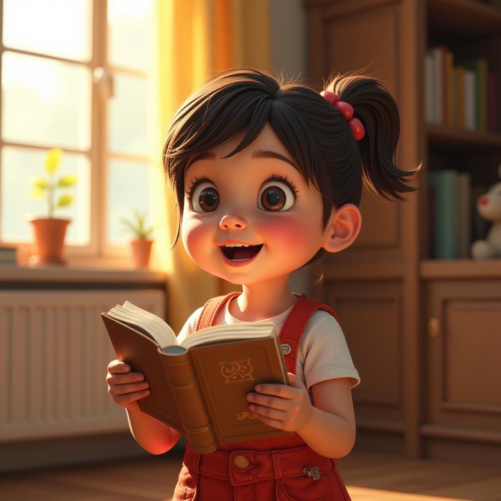 Niña pequeña sentado con las piernas cruzadas en el suelo, sosteniendo un libro con la luz del sol entrando por la ventana, representando emociones positivas y el desarrollo emocional infantil.
