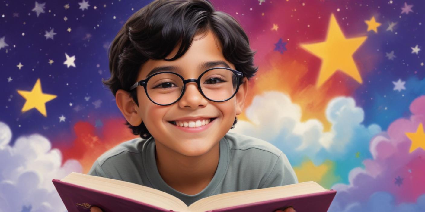 Un niño sonriente con gafas sostiene un libro.