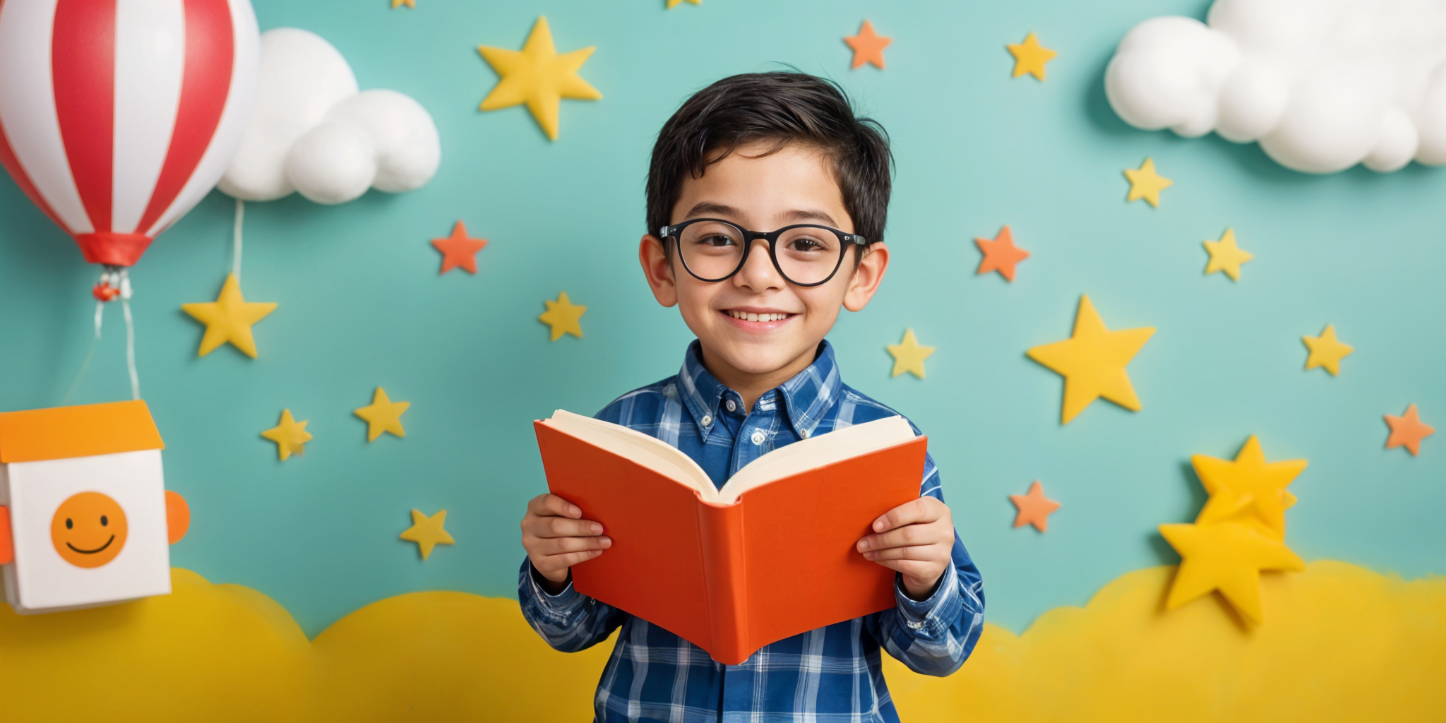 Un niño sonriente con gafas sostiene un libro.