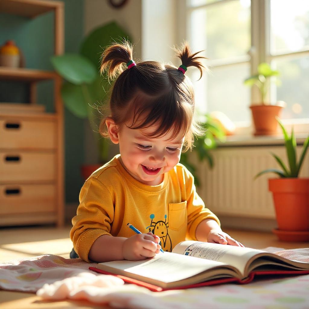 Guía de una niña pequeña escribiendo en un libro en una habitación infantil luminosa. Libros y decoración colorida alrededor, creando un ambiente acogedor