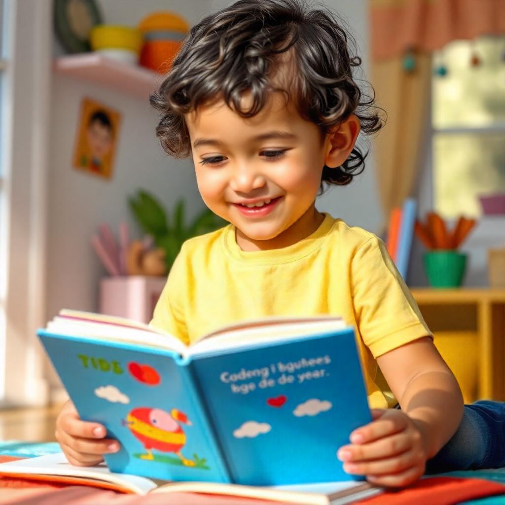 Guía de un niño sonriente leyendo un libro en una habitación iluminada por el sol. Ambiente acogedor y decorativo con libros a su alrededor