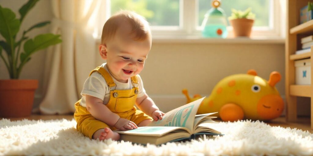 Guía de un bebé leyendo un libro en una habitación iluminada, con una decoración de colores brillantes y una alfombra suave. Elementos juguetones en el fondo