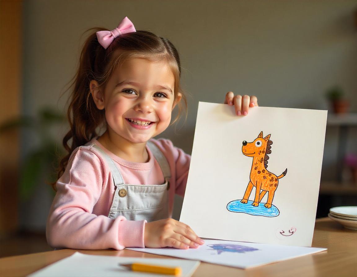 Niña sonriente mostrando dibujo de animal para estimular la creatividad