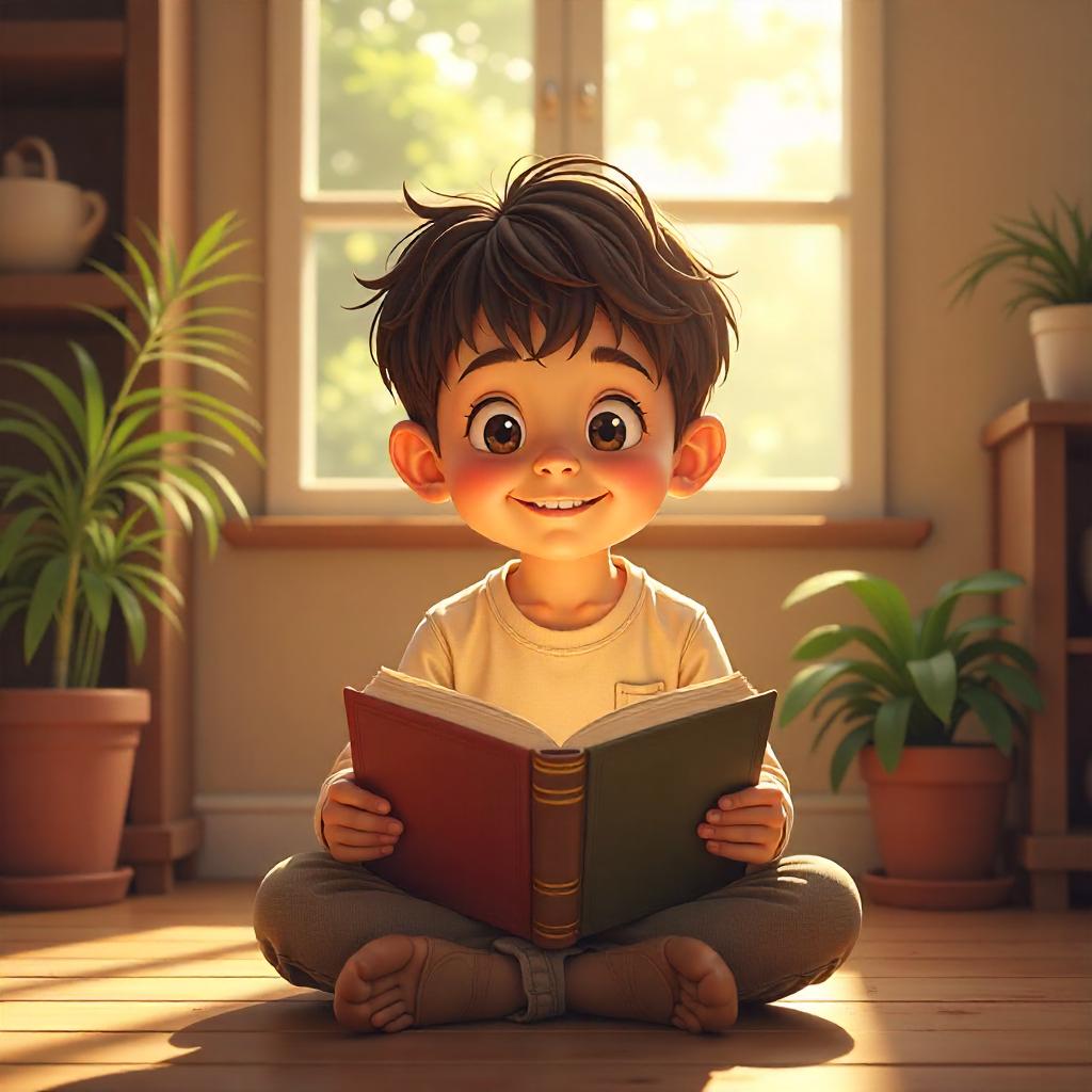 Niño pequeño sonriente sentado con las piernas cruzadas en el suelo, sosteniendo un libro con la luz del sol entrando por la ventana, representando emociones positivas y el desarrollo emocional infantil.