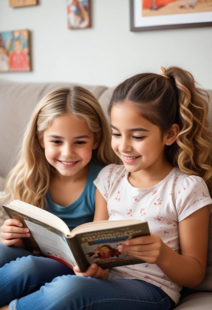 Dos niñas de alrededor de 6-8 años sentadas en un sofá, sonriendo y leyendo juntas un libro. Esta imagen representa las emociones y el aprendizaje a través de poemas para el desarrollo emocional infantil.
