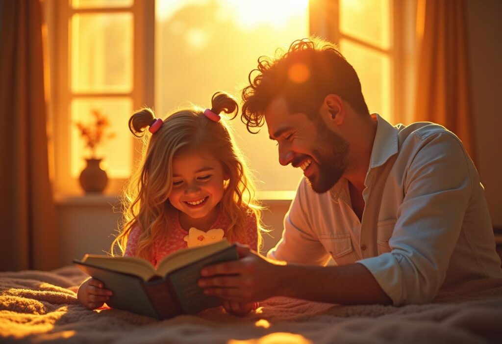 Padre leyendo con su hija al atardecer para reflexionar juntos.