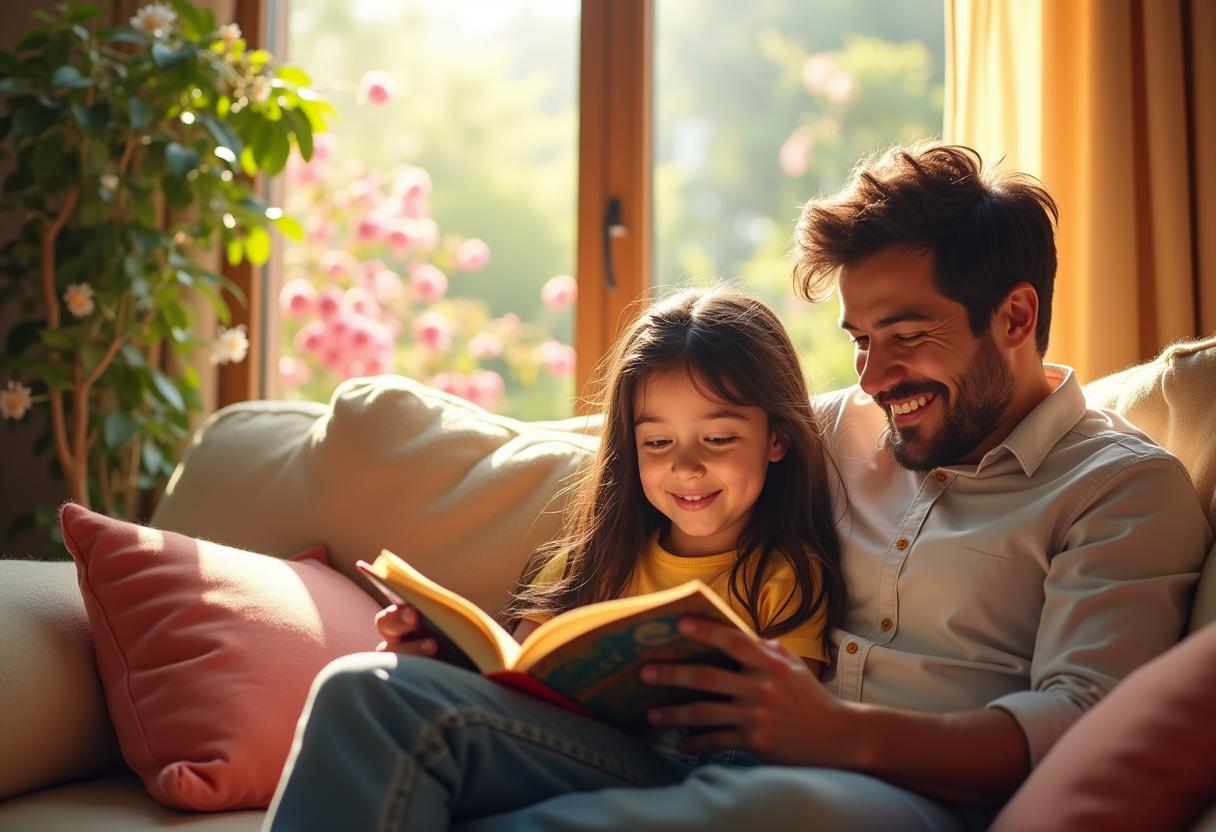 Padre e hija leyendo en casa, disfrutando y reflexionando sobre historias.