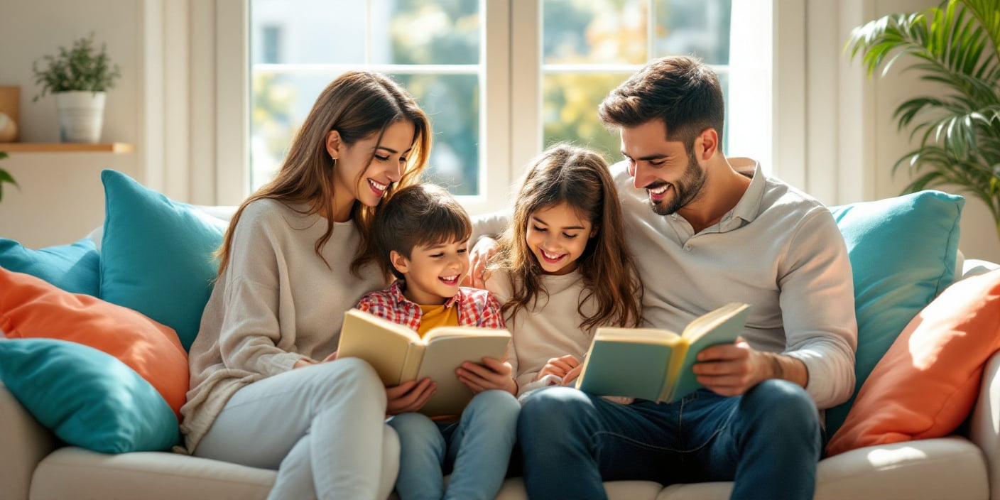 Familia disfrutando de actividades de lectura y entretenimiento juntos.