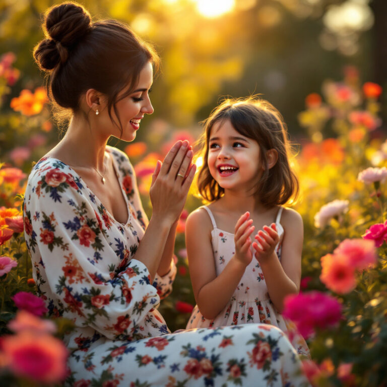 Madre e hija disfrutando de actividades al aire libre rodeadas de flores.