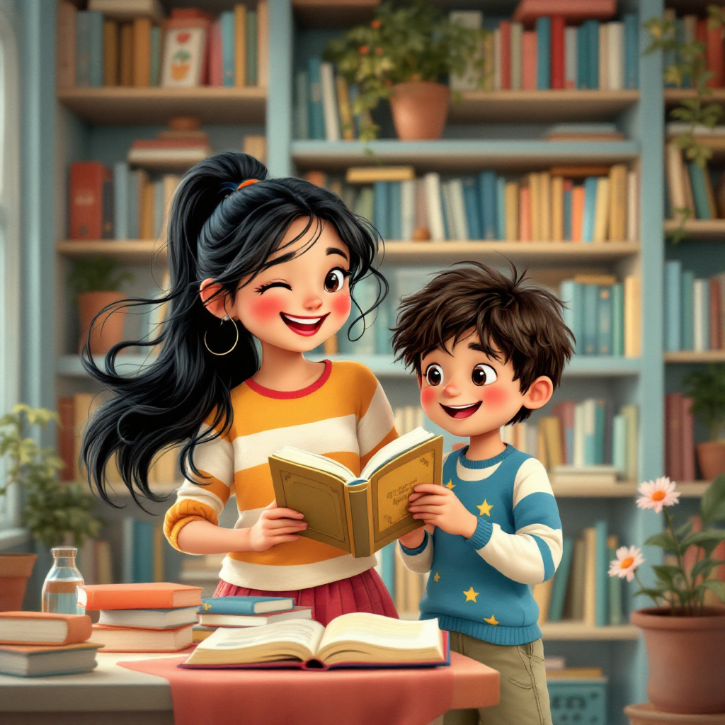 Niños realizando actividades educativas con libros en la biblioteca.