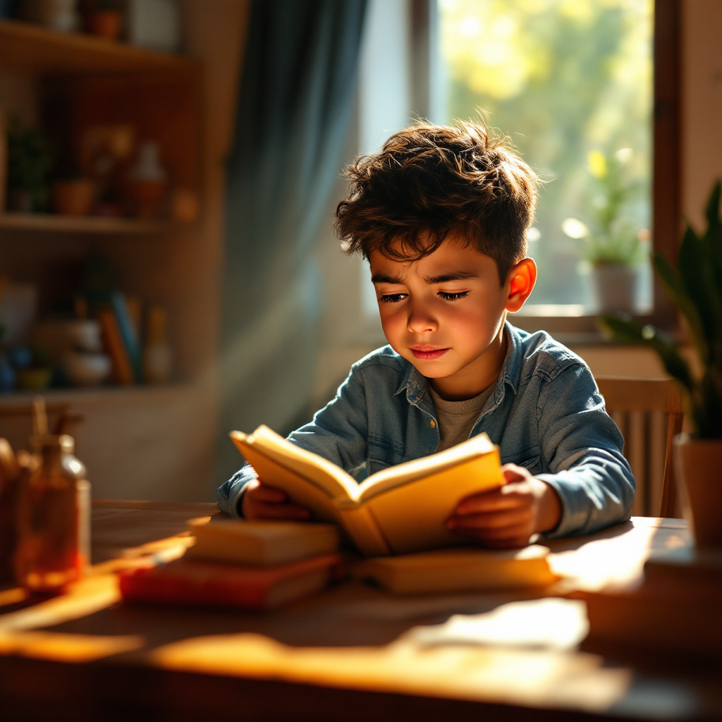 Niño leyendo con empatía y concentración